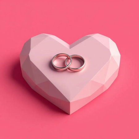 Wedding rings in a heart shaped box on a pink backgroundの素材
