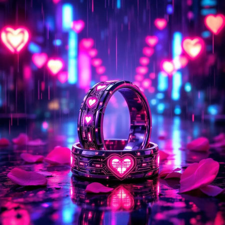 wedding rings on the background of hearts and bokehの素材