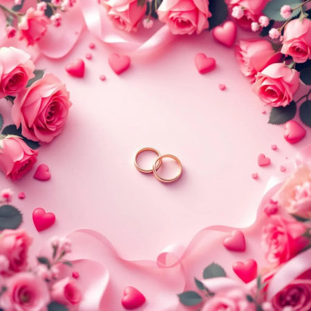 Wedding rings on a pink background with roses and hearts.の素材