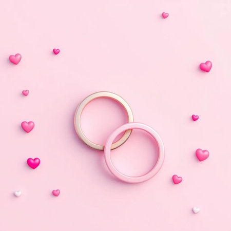 Wedding rings and hearts on pink background. Flat lay, top viewの素材