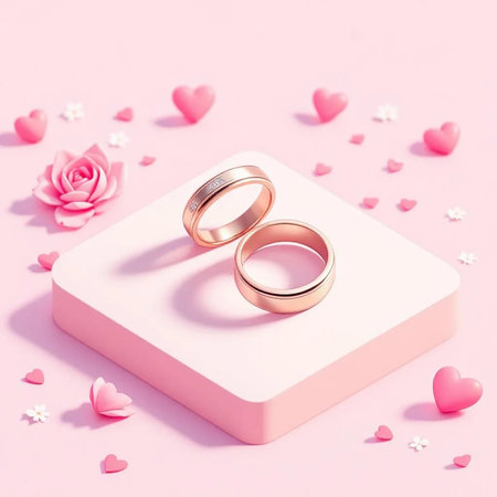 Wedding rings on pink background with hearts and flowers. 3d illustrationの素材