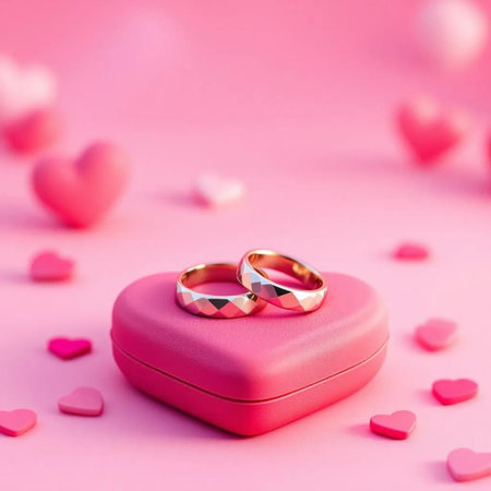 wedding rings in a box on a pink background with heartsの素材