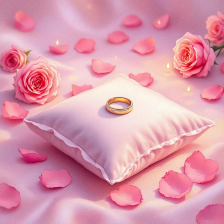 Wedding rings on a pink pillow with rose petals.の素材