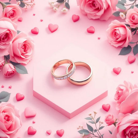 Wedding rings on pink background with roses and hearts. Flat lay, top viewの素材