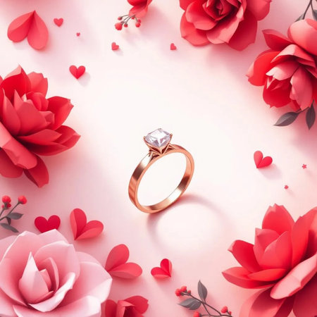 Wedding rings and flowers on a pink background. Top view.の素材