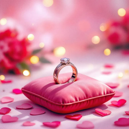 wedding ring on pink pillow with red hearts and bokeh backgroundの素材