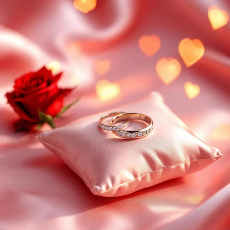 wedding rings on a pillow on a pink satin backgroundの素材