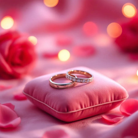 wedding rings on a pink pillow on a background of rose petalsの素材