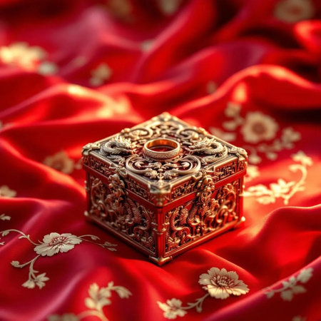 Jewelry box on a red satin background, close upの素材