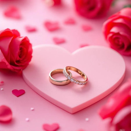 Wedding rings on a pink background with hearts and roses.の素材