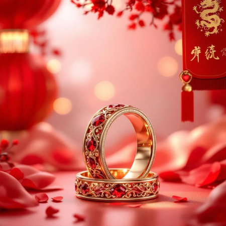 Wedding rings and red paper lanterns on red background.の素材