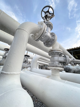 Pipes and valves at a oil refinery. Equipment for primary oil refining.