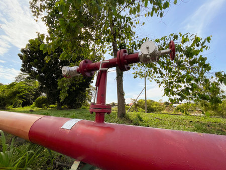 Red gas pipe with valve on blue sky background in rural area.