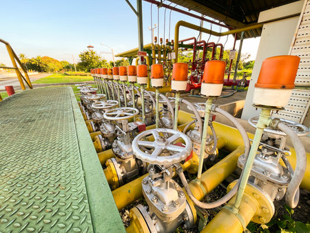 Gas pipeline and equipment at gas station in the morning, stock photoの写真素材