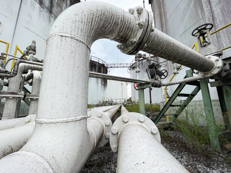 Pipeline of oil and gas processing plant, closeup of photo