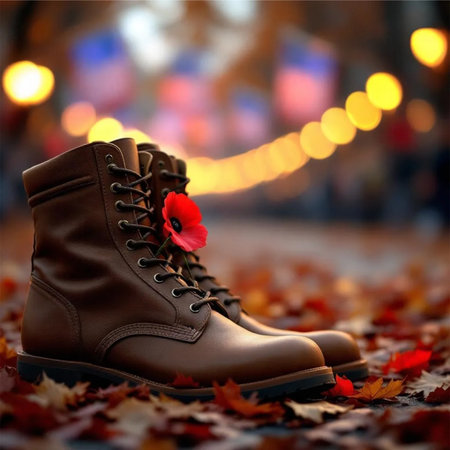 leather boots with a red flower on the background of autumn leavesの素材