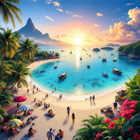 Panoramic aerial view of tropical beach with palm trees and sunsetsの素材