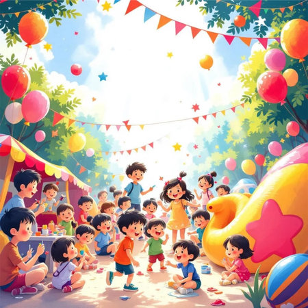 Happy children playing in the amusement park. Illustration for your designの素材