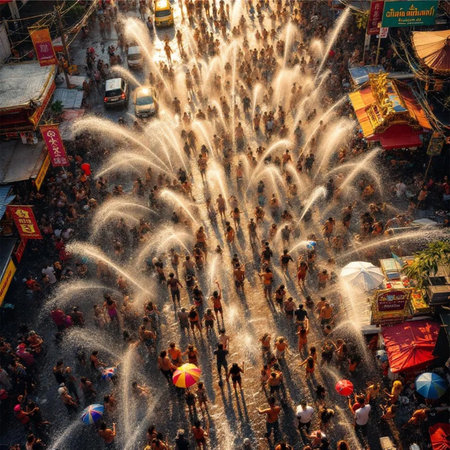Crowds of people enjoy the fountains in the central square of Bangkok.の素材