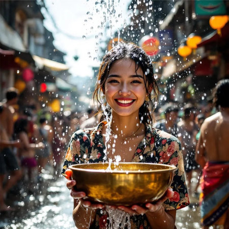 Beautiful young woman with a bowl of water in the street.の素材