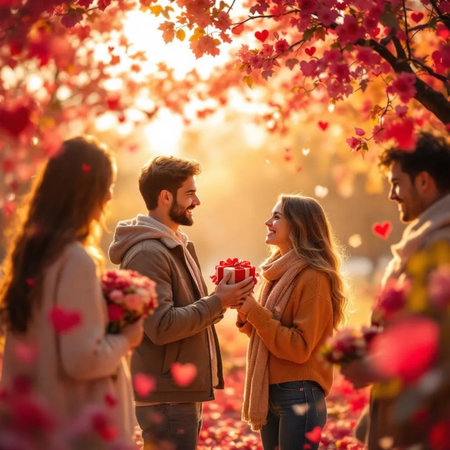 Happy young couple with gift box and flowers in park on autumn dayの素材