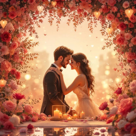 Bride and groom on the background of a beautiful arch of flowers.の素材