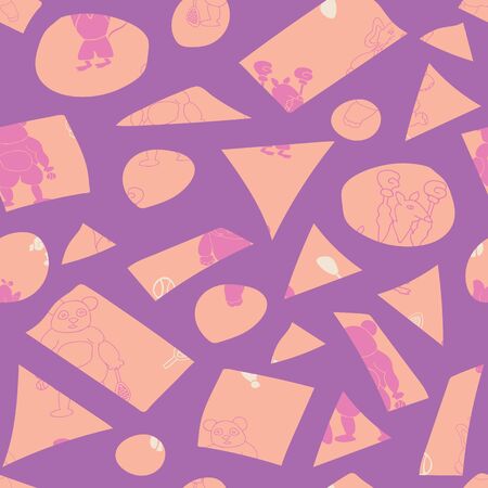 Vector cute purple sporty anthromorphic cartoon characters and peach irregular shapes seamless pattern backgroundのイラスト素材