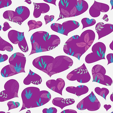 Vector pretty purple hearts tropical floral seamless pattern backgroundのイラスト素材