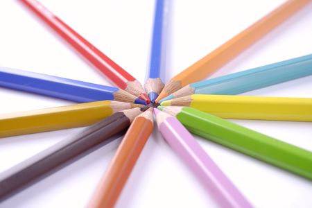 Brightly colored pencils arranged in a circle, landscape formatの写真素材