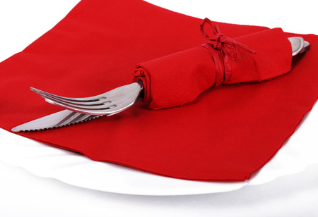 cutlery in a red napkin for san valentineの写真素材
