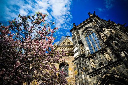Aachen Cathedral and flowering treeの写真素材