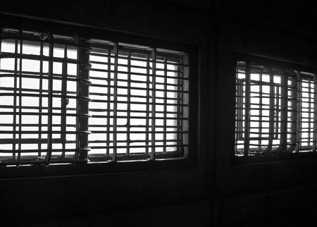 Barred windows in Alcatraz prisonの写真素材
