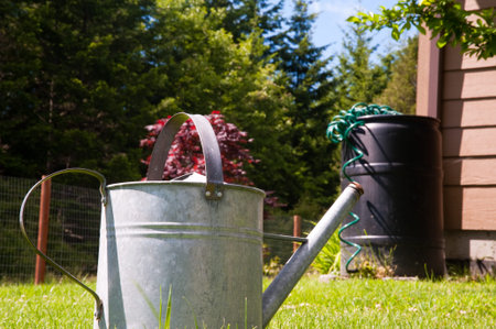 Metal watering can in yard