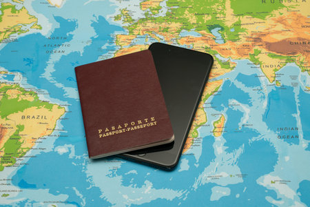 passport and smartphone, world map. Travel conceptの写真素材