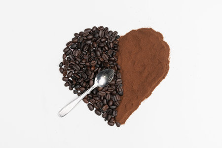 Roasted coffee beans, I love coffee, Heart with roasted coffee beans.