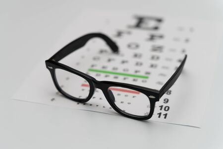 Eye Exam, The testing Board for verification of the patien. Vision test board optometrist with glassesの写真素材