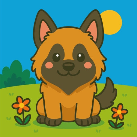 Cute vector illustration of a Belgian Shepherd (Malinois) dog sitting on a grassy field with flowers and a bright sunny sky. Designed in kawaii cartoon style with clean outlines and solid colors, this charming character exudes friendliness and loyalty. Perfect for children's books, educational materials, pet-themed products, stickers, digital designs, and branding focused on dogs or outdoor nature scenes.のイラスト素材