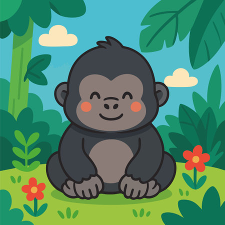 Playful vector illustration of a cute baby gorilla smiling in the middle of a colorful jungle. Created in a flat, kawaii style with vibrant colors and clean outlines, this friendly character is perfect for children's books, educational posters, zoo-themed designs, and tropical animal branding. Its joyful expression and lush green surroundings convey a sense of innocence and happiness.のイラスト素材