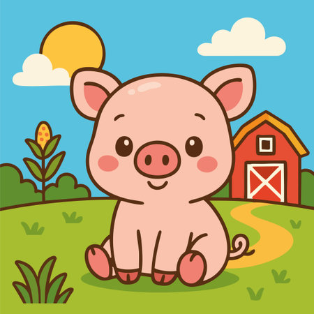 Adorable vector illustration of a cartoon-style piglet sitting on a sunny farmyard, surrounded by green grass, plants, a wooden fence, and a classic red barn. The pig has a pink body, round eyes, curly tail, and a smiling expression with rosy cheeks, all illustrated in a flat, clean-lined style with bright and cheerful colors. Perfect for children's books, educational materials, farm-themed designs, nursery prints, greeting cards, and branding for animal-related or family-oriented products. Its warm and playful character is ideal for young audiences and creative storytelling.のイラスト素材