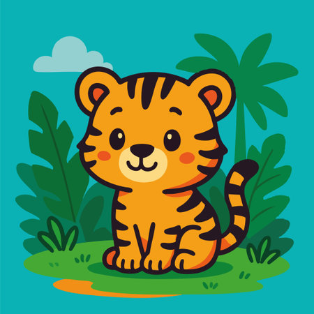 Vector illustration of a cute cartoon tiger sitting happily in a jungle setting, surrounded by tropical plants and bright foliage. The tiger has a friendly expression and simplified features, making it ideal for children's books, educational content, wildlife-themed graphics, or playful branding materials. The clean flat design and bold colors give it a charming and approachable visual appeal.のイラスト素材