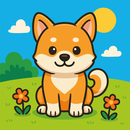 Adorable vector illustration of a Shiba Inu or Akita Inu dog sitting on a grassy hill surrounded by flowers, bushes, and a bright sunny sky. The dog features a round face, curled tail, and orange-and-white fur, illustrated in a flat cartoon style with clean lines and a cheerful expression. This charming design is ideal for children's products, pet-themed content, educational materials, greeting cards, nursery decor, and playful branding. Its vibrant colors and friendly look make it perfect for any design aimed at animal lovers or young audiences.のイラスト素材