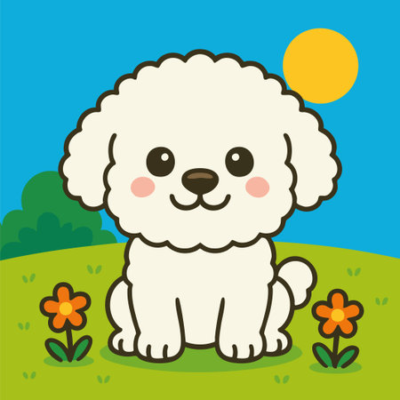 Adorable vector illustration of a cartoon-style Bichon Frize dog sitting on a grassy hill with flowers under a bright blue sky and sun. The fluffy white dog has a round face, blushing cheeks, and a sweet expression, illustrated in a clean flat design with bold outlines and a cheerful color palette. Perfect for children's products, pet-themed content, greeting cards, nursery decor, educational materials, and branding for family or animal-related projects. Its soft appearance and playful vibe make it ideal for any visual content targeting young audiences or dog lovers.のイラスト素材