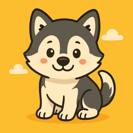 Charming vector illustration of a cartoon-style Alaskan Malamute puppy sitting with a friendly expression on a solid yellow background. The dog features soft black and white fur, round eyes, blushing cheeks, and a curled fluffy tail, illustrated with clean lines and a flat, modern aesthetic. This adorable character is ideal for children's products, pet-themed content, educational materials, nursery decor, greeting cards, stickers, and branding that targets animal lovers or family audiences. The warm color palette and minimal background enhance its visual appeal and commercial versatility.のイラスト素材