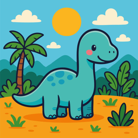 Adorable vector illustration of a cartoon-style Brachiosaurus dinosaur standing in a bright prehistoric landscape with tropical plants, palm trees, distant mountains, and a shining sun. The dinosaur is blue-green with rounded shapes, spots on its back, and a sweet expression with blushing cheeks, illustrated in a clean flat design perfect for kids. Ideal for educational content, children's books, wall art, nursery prints, dinosaur-themed party supplies, greeting cards, and fun branding. Its playful and friendly look makes it appealing for young audiences and prehistoric-themed creative projects.のイラスト素材