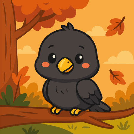 Adorable vector illustration of a cute black crow perched on a tree branch surrounded by autumn foliage. The background features warm orange tones, falling leaves, and a softly lit sky, evoking a cozy fall atmosphere. The crow has a bright yellow beak, round eyes, and a sweet expression, ideal for children's materials, seasonal greeting cards, fall-themed decorations, educational content, and playful branding projects. Designed in flat cartoon style with clean lines and solid colors for easy vector use.のイラスト素材