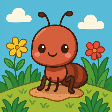 Charming vector illustration of a smiling cartoon ant standing on a dirt mound surrounded by colorful flowers and greenery. Designed in a kawaii flat style with bold outlines and soft tones, this adorable insect is perfect for children's books, educational materials about insects, nature-themed designs, and playful branding. Its friendly appearance and cheerful outdoor setting make it highly versatile for commercial use.のイラスト素材