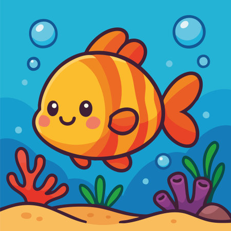 Playful vector illustration of an adorable orange and yellow striped fish swimming underwater, surrounded by bubbles, seaweed, and coral. The artwork features a cheerful cartoon style with bold outlines and vibrant colors, ideal for children's books, educational content, games, aquatic-themed designs, and digital or printed materials for kids.のイラスト素材