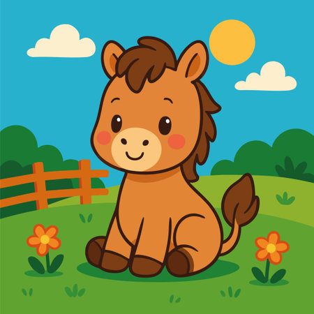Adorable vector illustration of a cartoon-style horse sitting on a green field with flowers, a wooden fence, and bushes under a sunny blue sky. The horse has a light brown coat, dark brown mane and tail, round eyes, and a sweet expression with rosy cheeks. The artwork is created in a flat, clean-lined style, perfect for children's content, educational materials, farm-themed designs, nursery prints, greeting cards, and branding for animal-friendly or family-oriented projects. Its friendly look and pastoral setting make it ideal for engaging young audiences and conveying warmth and innocence.のイラスト素材
