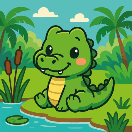 Adorable vector illustration of a cartoon-style crocodile sitting by a riverbank in a lush tropical environment, surrounded by reeds, palm trees, and vibrant greenery under a clear blue sky. The crocodile is bright green with a light yellow belly, big eyes, rosy cheeks, and a friendly expression, illustrated in a clean, flat design with bold outlines and vivid colors. This charming character is perfect for children's books, educational content, jungle-themed designs, nursery decor, greeting cards, and playful branding. Ideal for young audiences, nature lovers, and wildlife-related creative projects.のイラスト素材