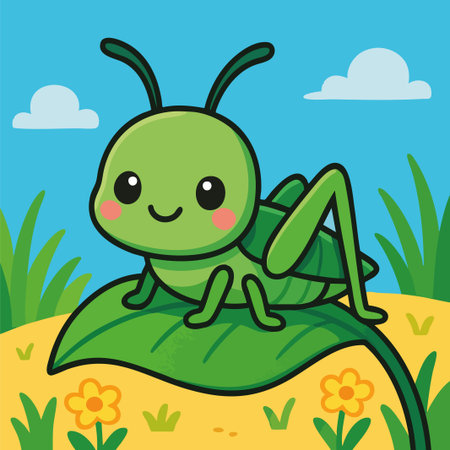 Vector illustration of a cheerful green grasshopper sitting on a large leaf in a sunny outdoor setting, surrounded by flowers and grass. The character has a friendly, approachable design with rounded features and bright colors, perfect for educational materials, children's books, insect-themed graphics, or playful branding. The flat, clean style ensures versatility in both print and digital use.のイラスト素材